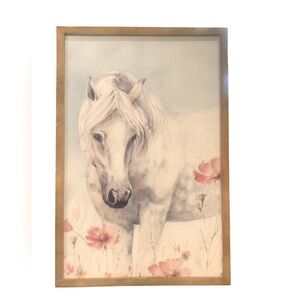 White Wild Horse Pink Flowers Artwork By Lisa Audit Canvas Board Framed  24 X 16